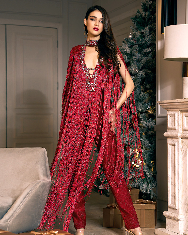 Sparkly Tassel Jumpsuit Red