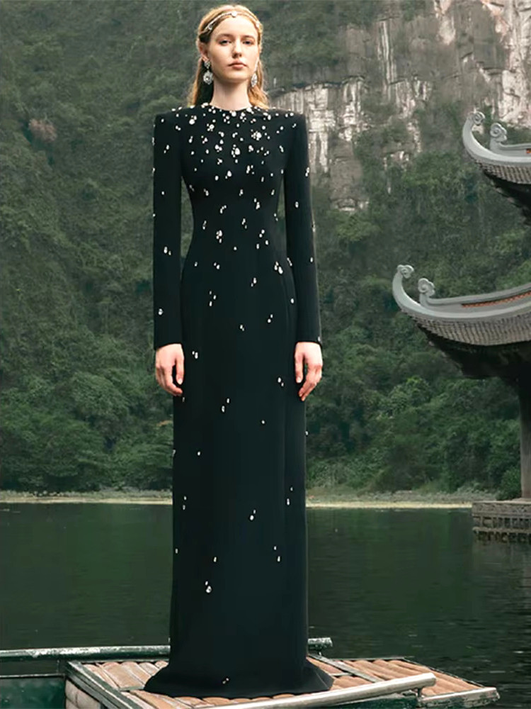 Maxi Dress Long Sleeve Black Formal Gown Long Sleeve Crystal A