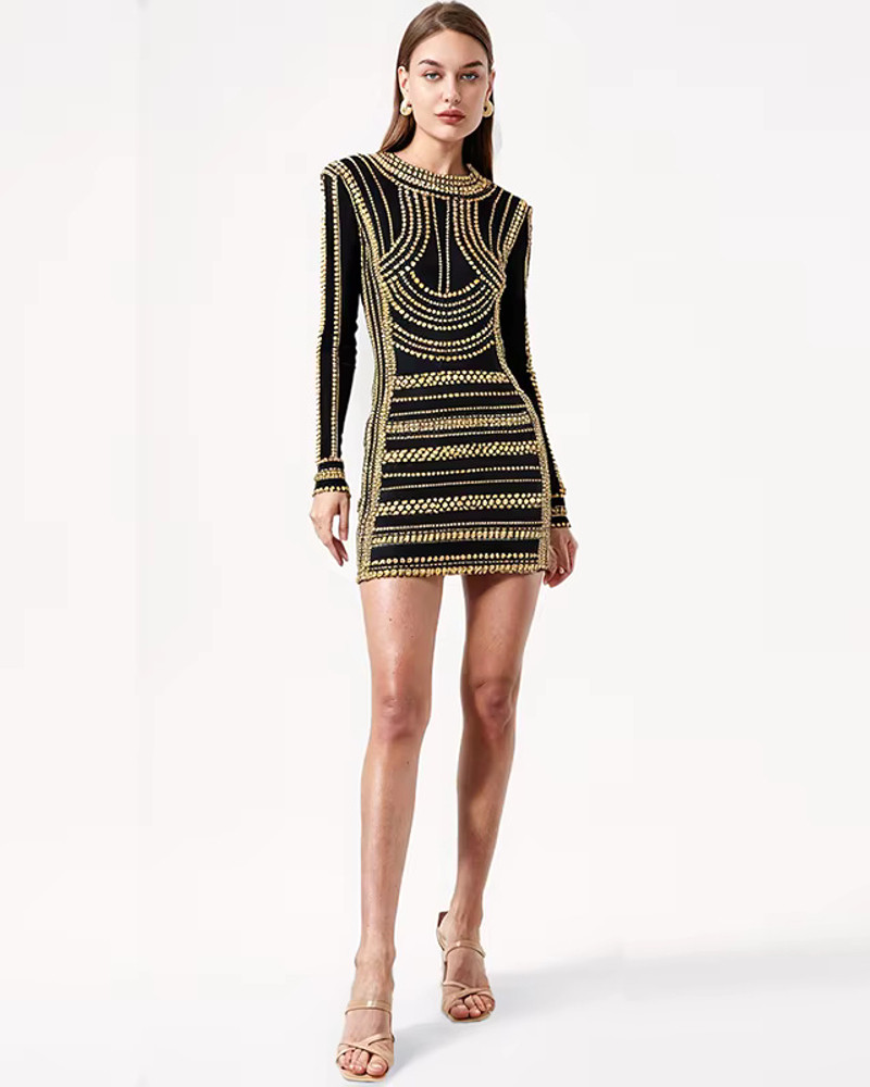 black studded long sleeve dress BLACK LONG SLEEVE STONE EMBELLISHED SHOULDER DRESS | CULT MIA main image 1