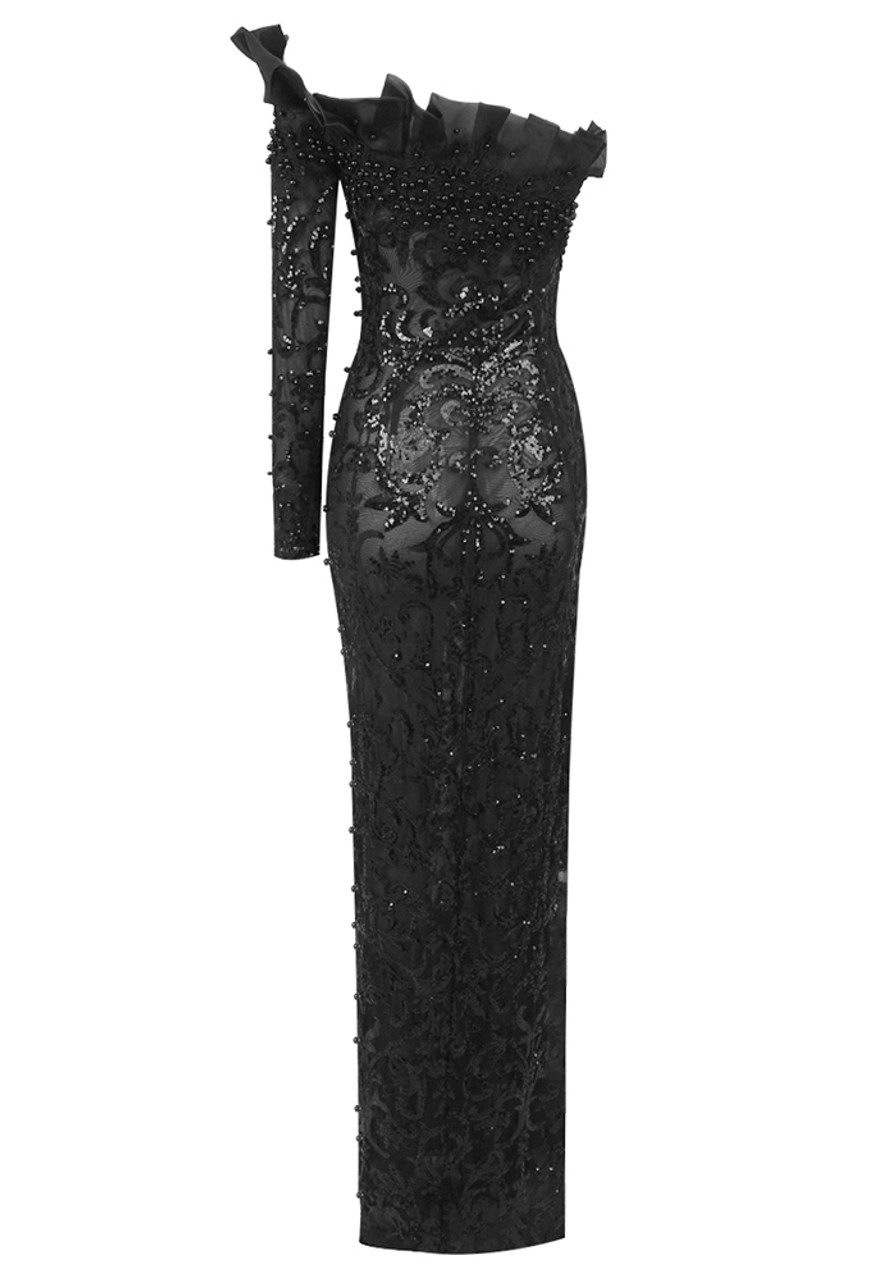 One Sleeve Ruffle Sequin Maxi Dress Black - Luxe Maxi One Sleeve Ruffle Sequin Maxi Dress Black - Luxe Maxi