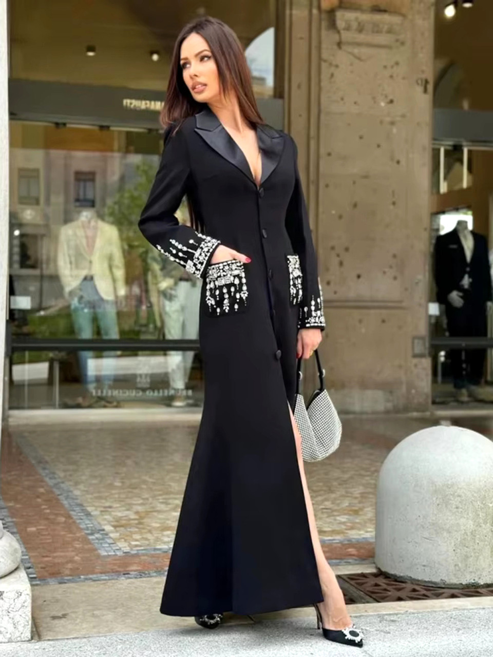 Long Sleeve Crystal Maxi Coat Dress Black