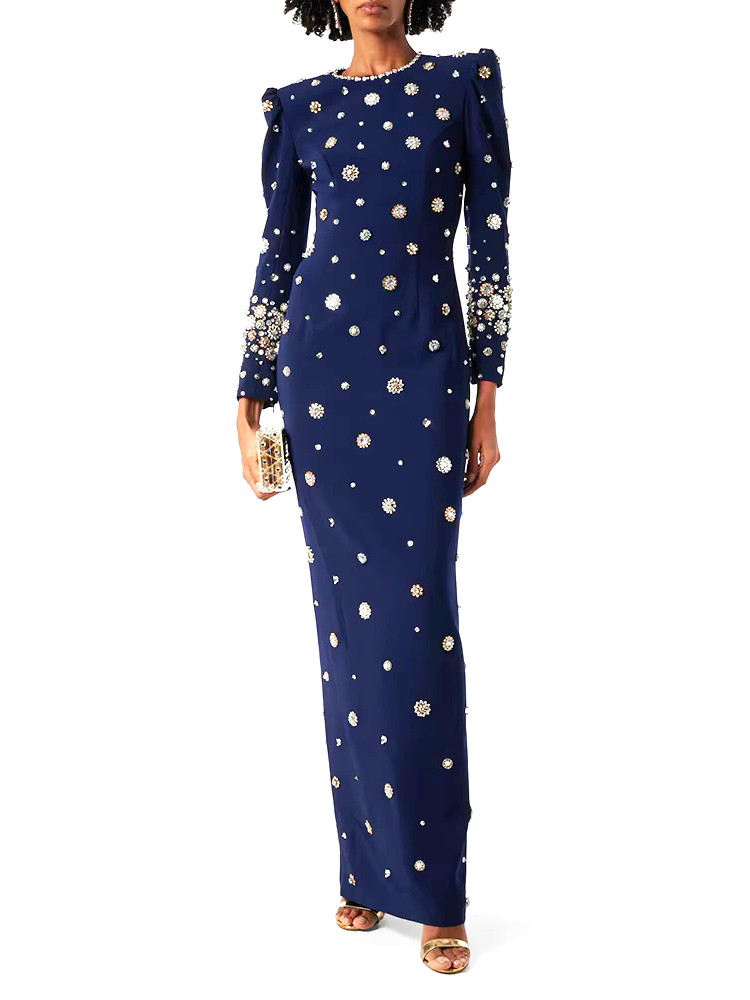 blue patterned maxi dress Amaya Strapless Chiffon Maxi Dress / Blue Polka Dot | MESHKI main image 0