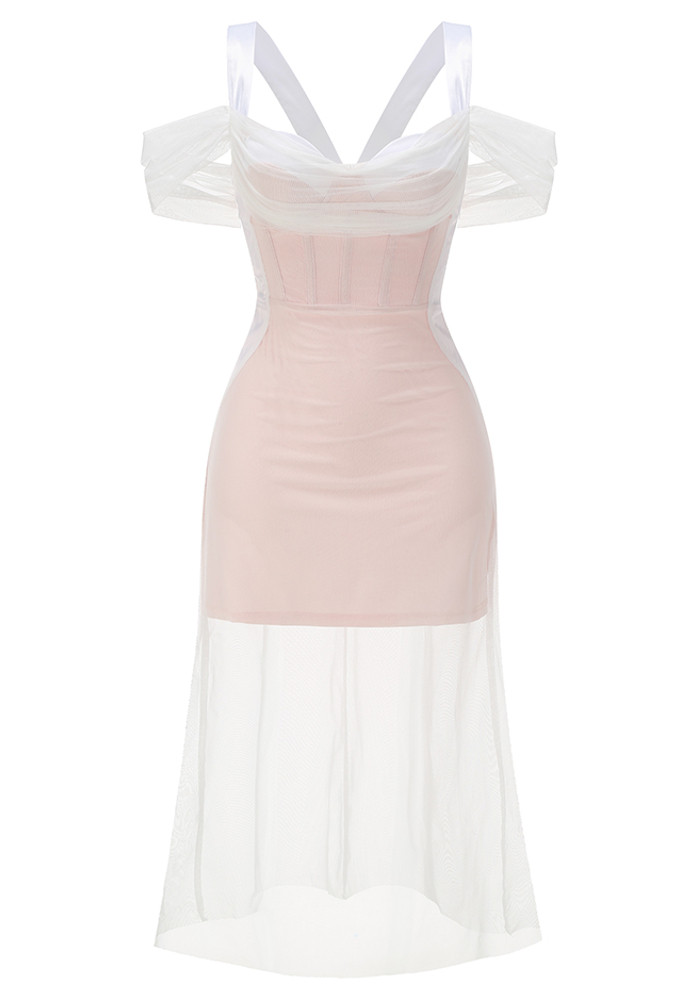 Draped Corset Midi Dress White Nude