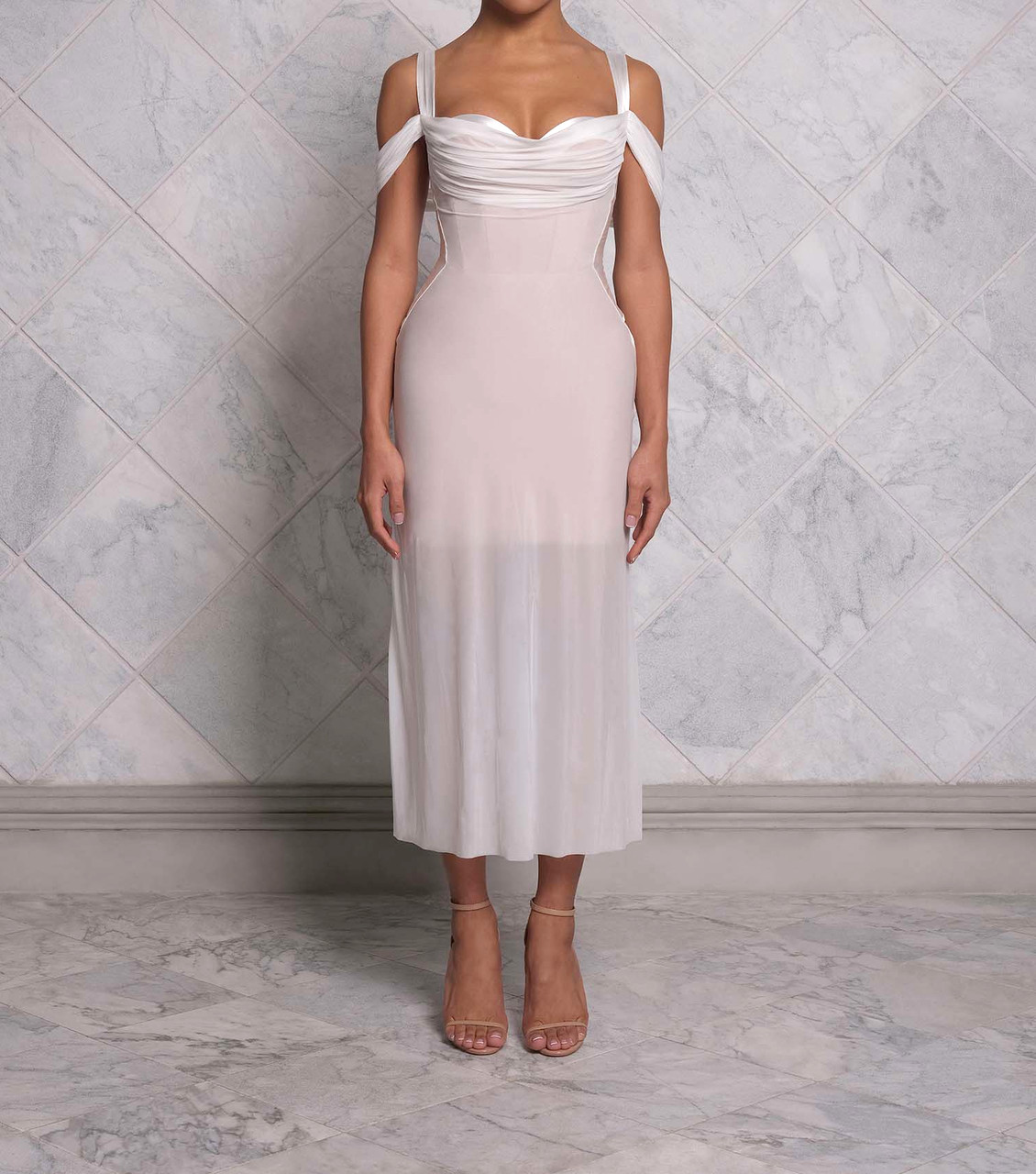 draped skirt corset midi dress in ivory White Nude loop:palomamaxidress