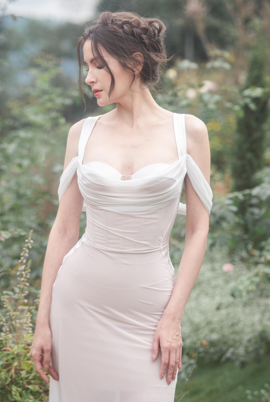 white christmas dresses ZENDEYA Satin Draped Corset Midi Dress with Neck Scarf in Emerald Gree main image 1