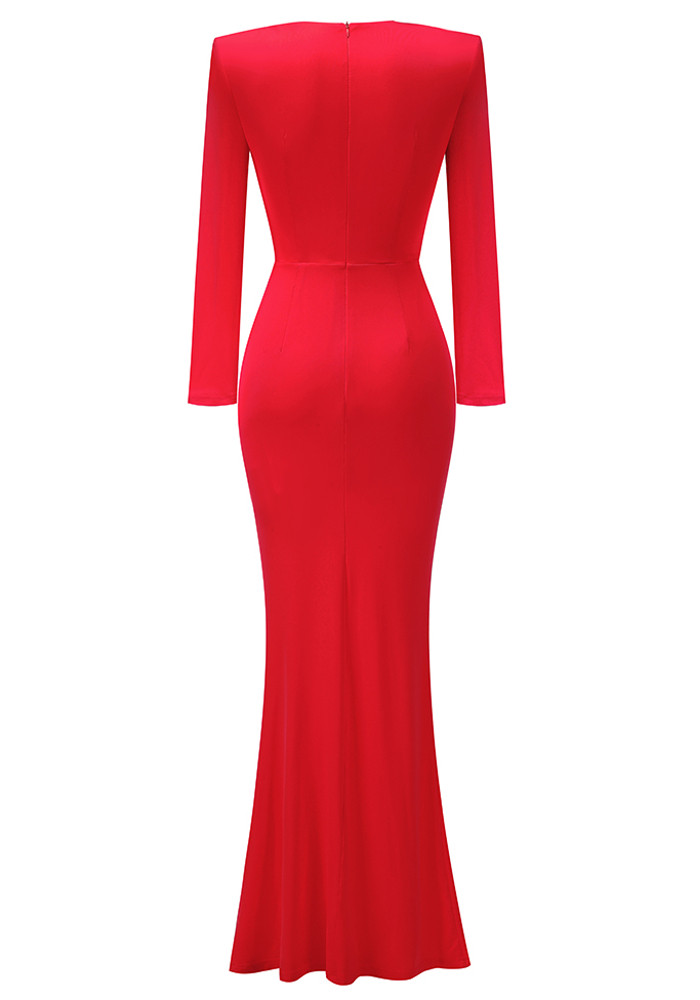 Long Sleeve Plunge V Neck Maxi Dress Red