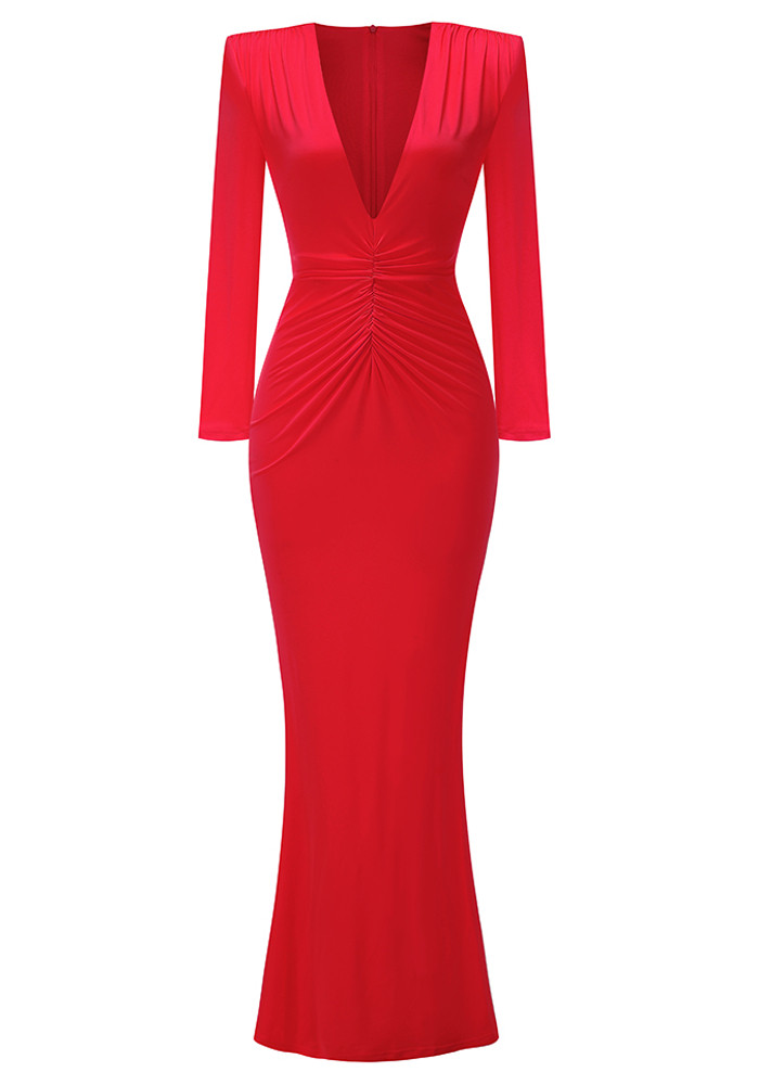 Long Sleeve Plunge V Neck Maxi Dress Red