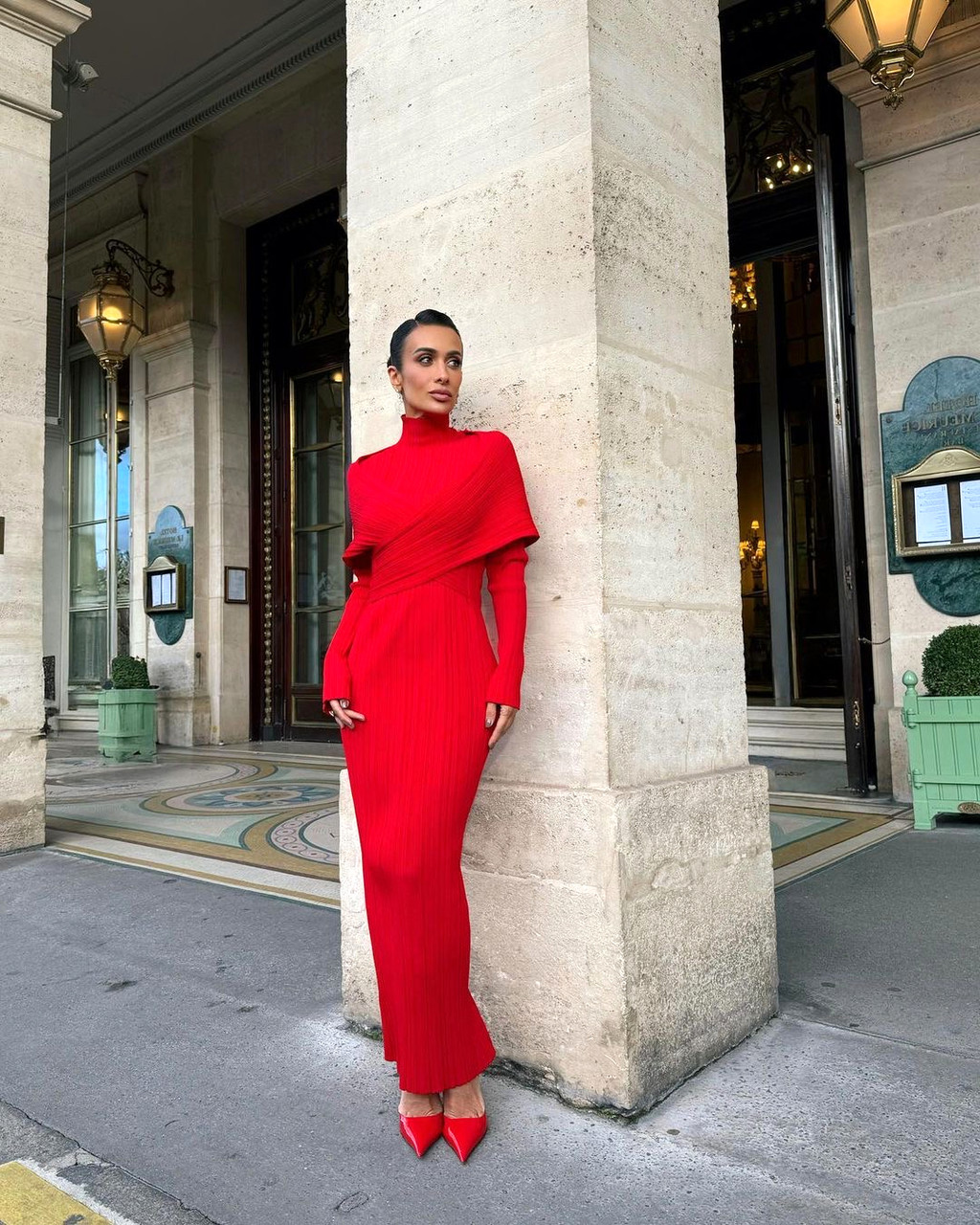 fitted lace wedding dress Red Long Sleeve High Neck Ribbed Maxi Dress – Selene Dress main image 1