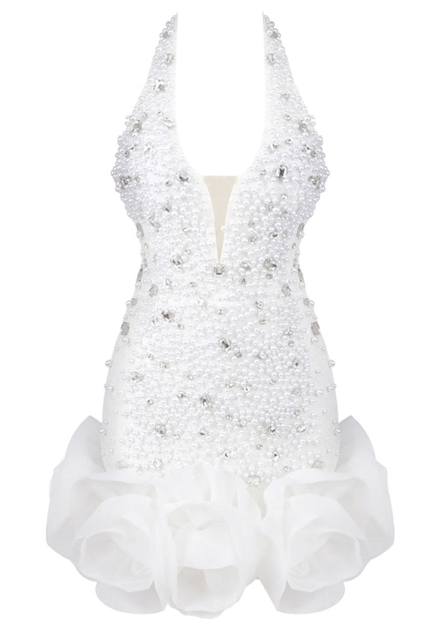 パーティードレス Ruffled Gown Embellished with Pearls Rhinestones Halter Pearl Crystal Dress White - Luxe Party Dresses and