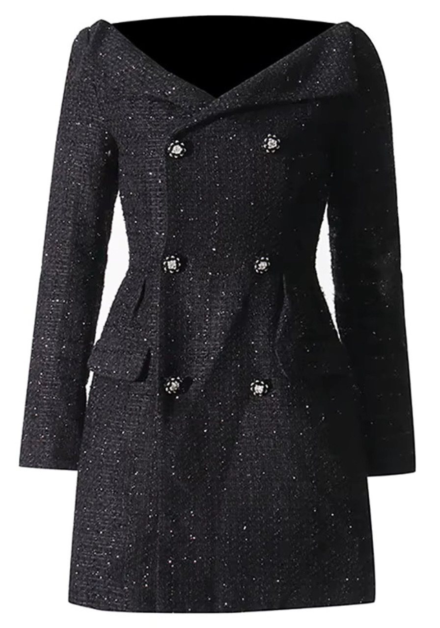 ワンピース Delua Jacket Layered Tweed Flared Dress (BLACK) Chic Black Tweed Jacket Layered Dress – STUDIO731