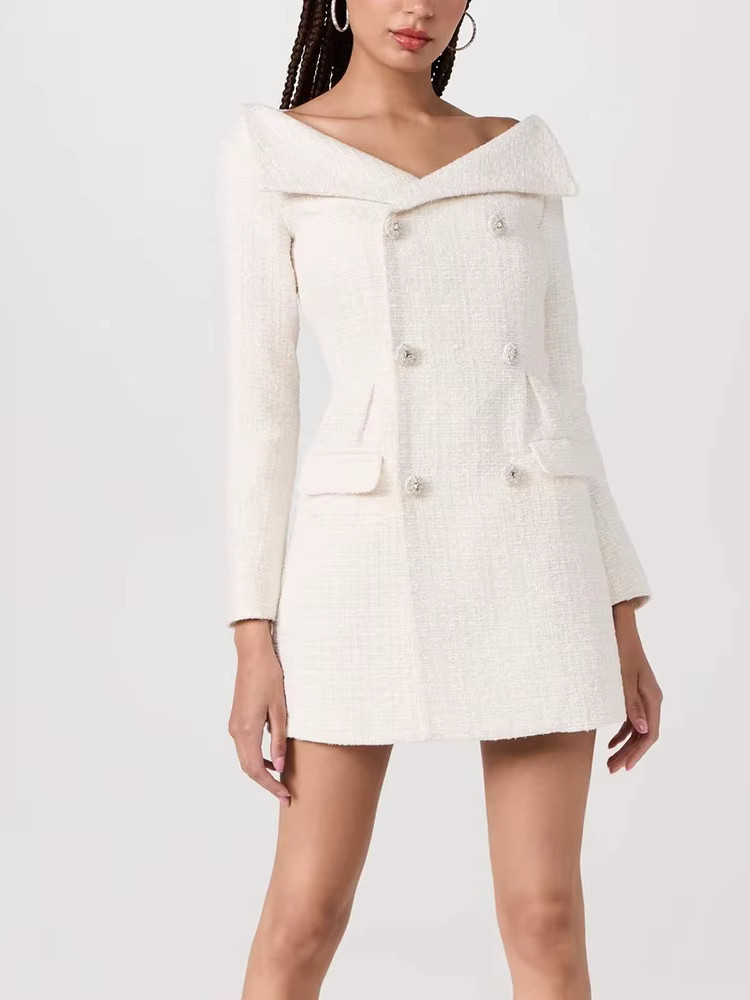 Long Sleeve Bardot Blazer Dress Ivory - Luxe Blazer Dresses and Luxe Party Dresses Long Sleeve Bardot Blazer Dress Ivory - Luxe Blazer Dresses and Luxe Party Dresses