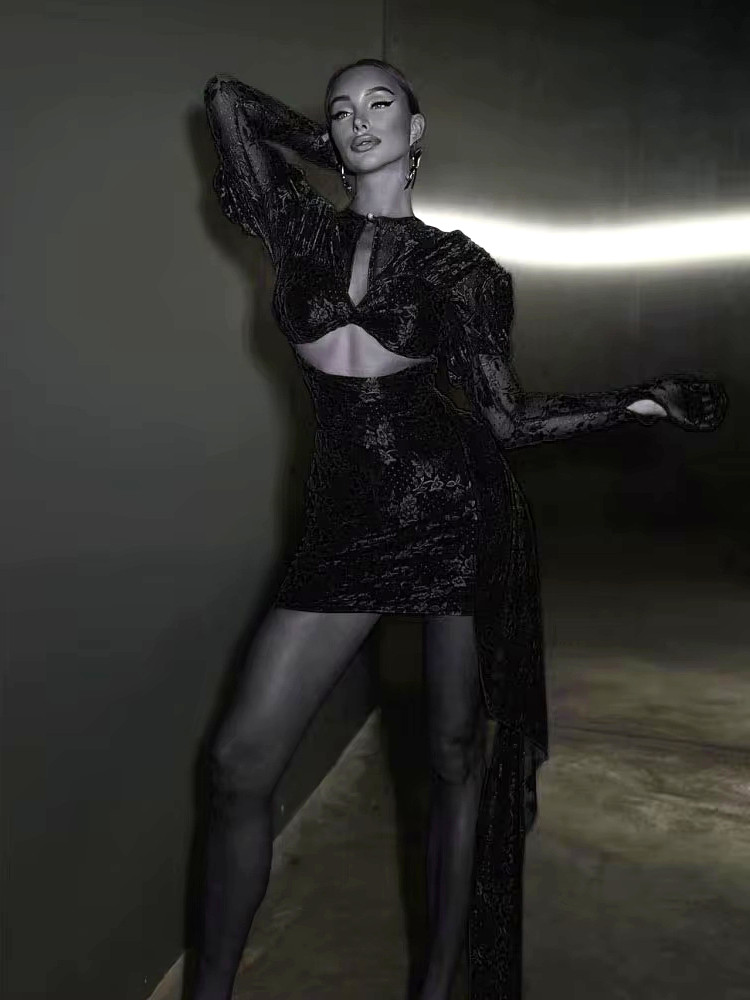 Long Sleeve Draped Lace Dress Black - Luxe Lace Dresses and Luxe Party  Dresses