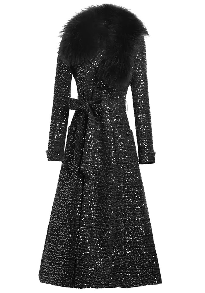 Long Sleeve Fur Sequin Midi Coat Black Luxe Coats and Luxe Party