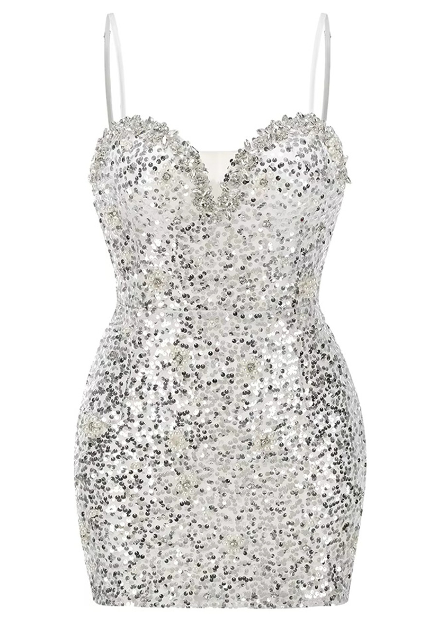 パーティードレス Sequins with Crystal Embroidered Dress Crystal Pearl Sequin Dress Silver - Luxe Sequin Dresses and