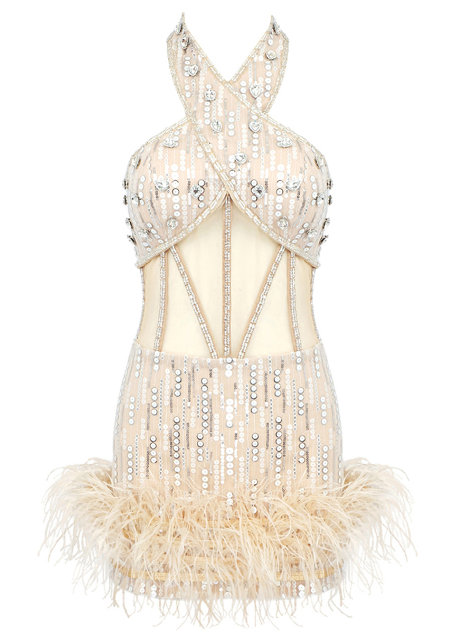 パーティードレス Feather Sequinned Dress Halter Crystal Sequin Feather Dress Ivory - Luxe Sequin
