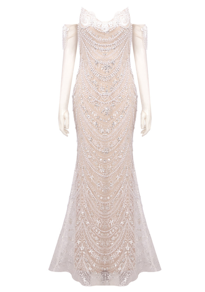Strapless Pearl Crystal Lace Maxi Dress White - Luxe Maxi Dresses and Luxe  Party Dresses