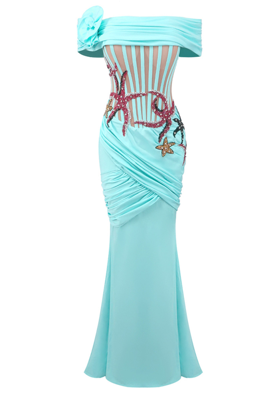ワンピース A FERRETTI Woman Dress Turquoise 04381614 0327 Floral Bardot Crystal Starfish Maxi Dress Turquoise - Luxe