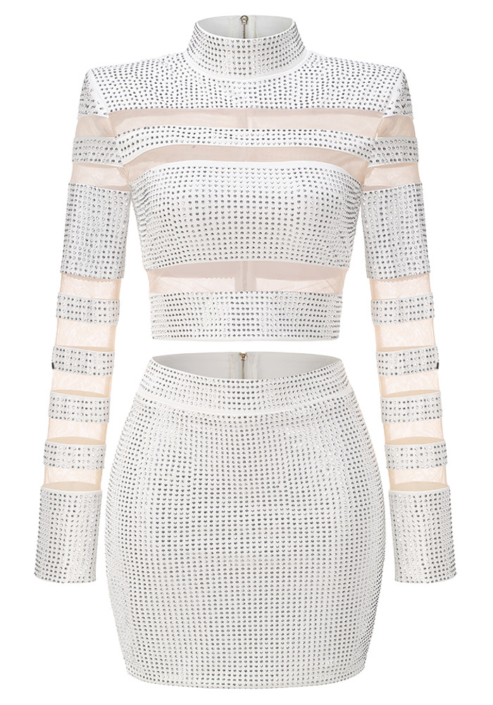 Long Sleeve Studded Mesh Two Piece Dress White Luxe Two Piece