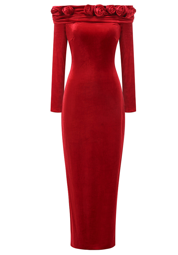 Long Sleeve Floral Bardot Maxi Velvet Dress Red - Luxe Velvet Dresses and  Luxe Party Dresses