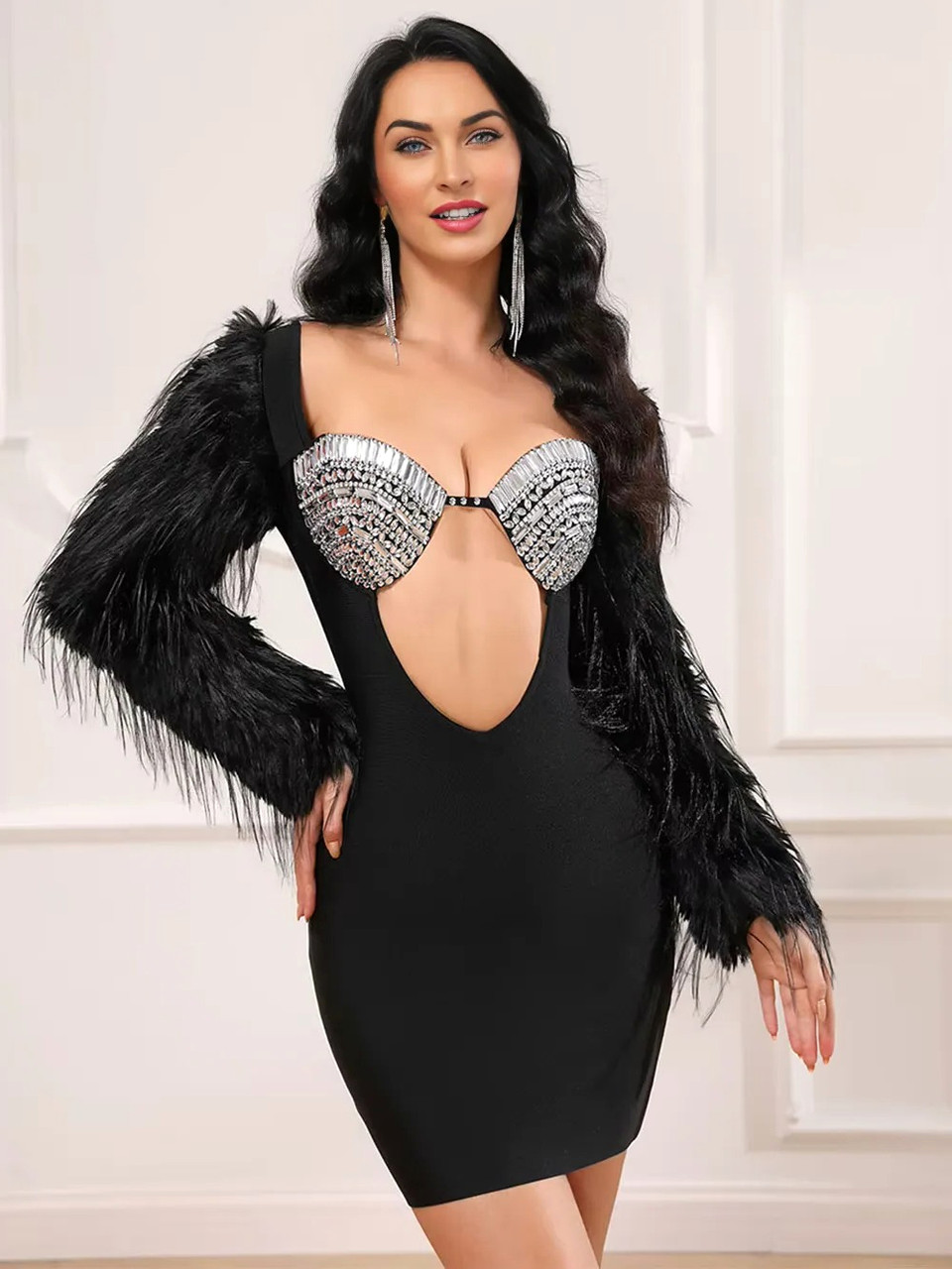 Fur Long Sleeve Crystal Bustier Dress Black - Luxe Little Black Dresses and  Luxe Party Dresses
