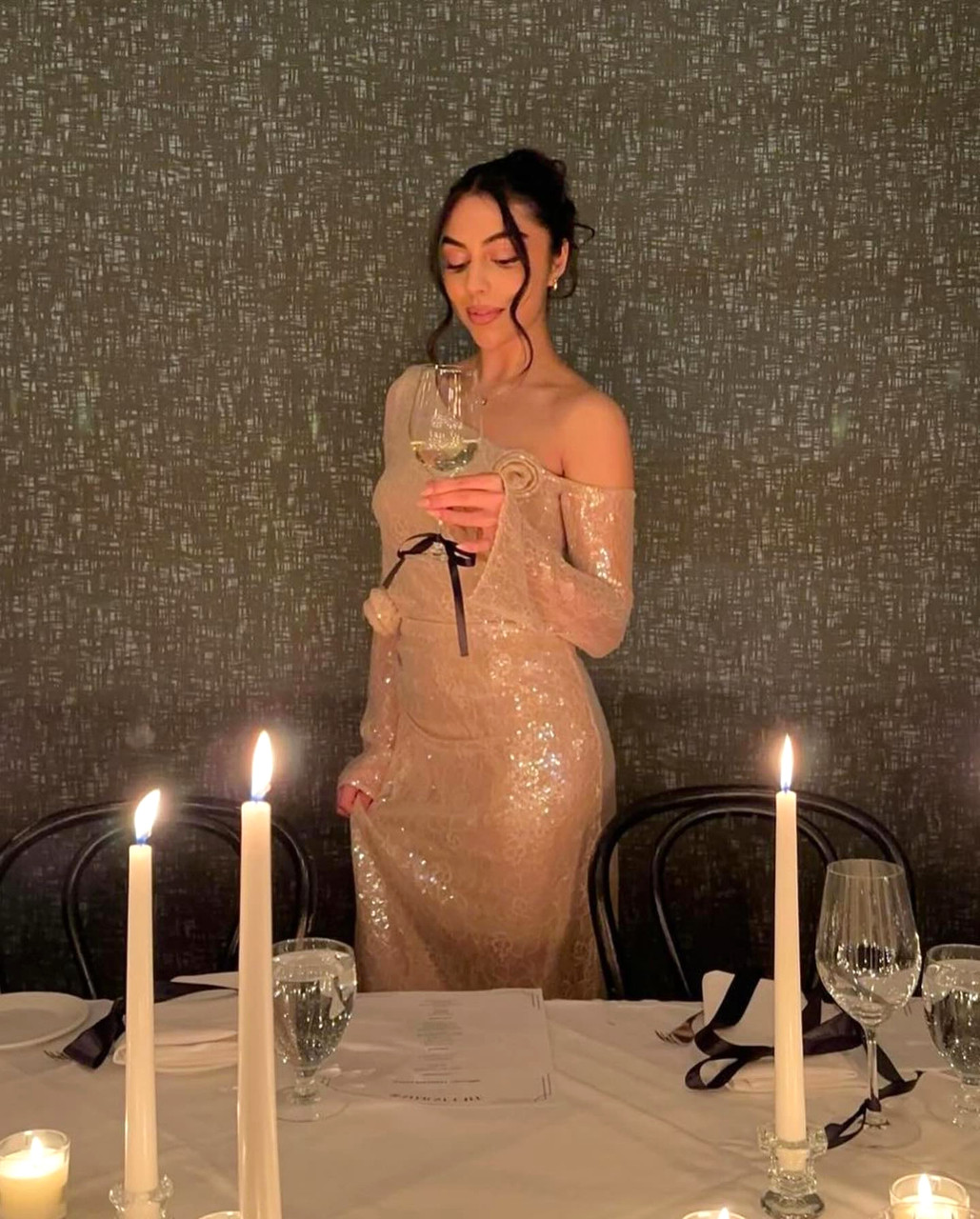 Long Sleeve Bardot Floral Sequin Maxi Dress Nude