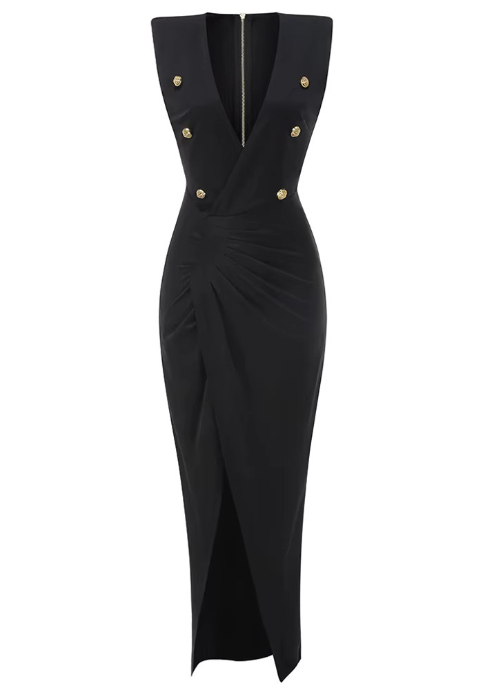 Button Detail Draped Maxi Dress Black - Luxe Maxi Dresses and Luxe Party  Dresses