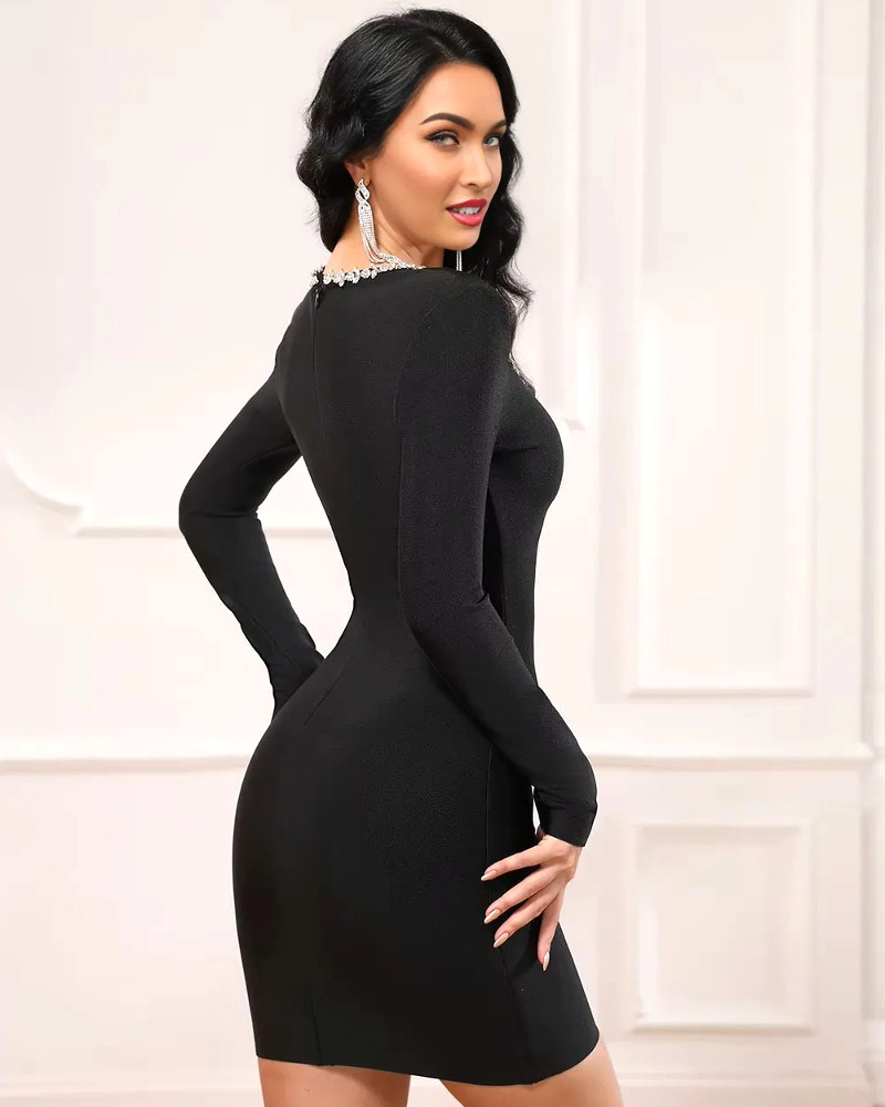 black long sleeve mesh diamond dress RHINESTONE SHEER FITTED LONG SLEEVES MAXI DRESS (BLACK)  Dress Code Chic  Official
