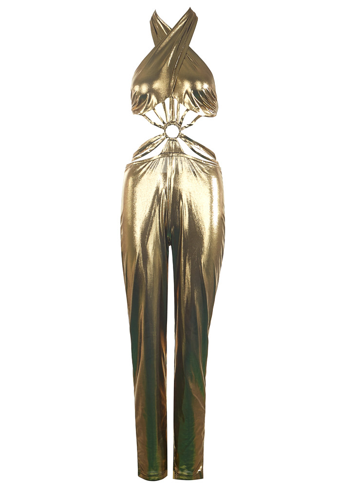 Halter Cut Out Jumpsuit Gold Luxe Jumpsuits and Celebrity
