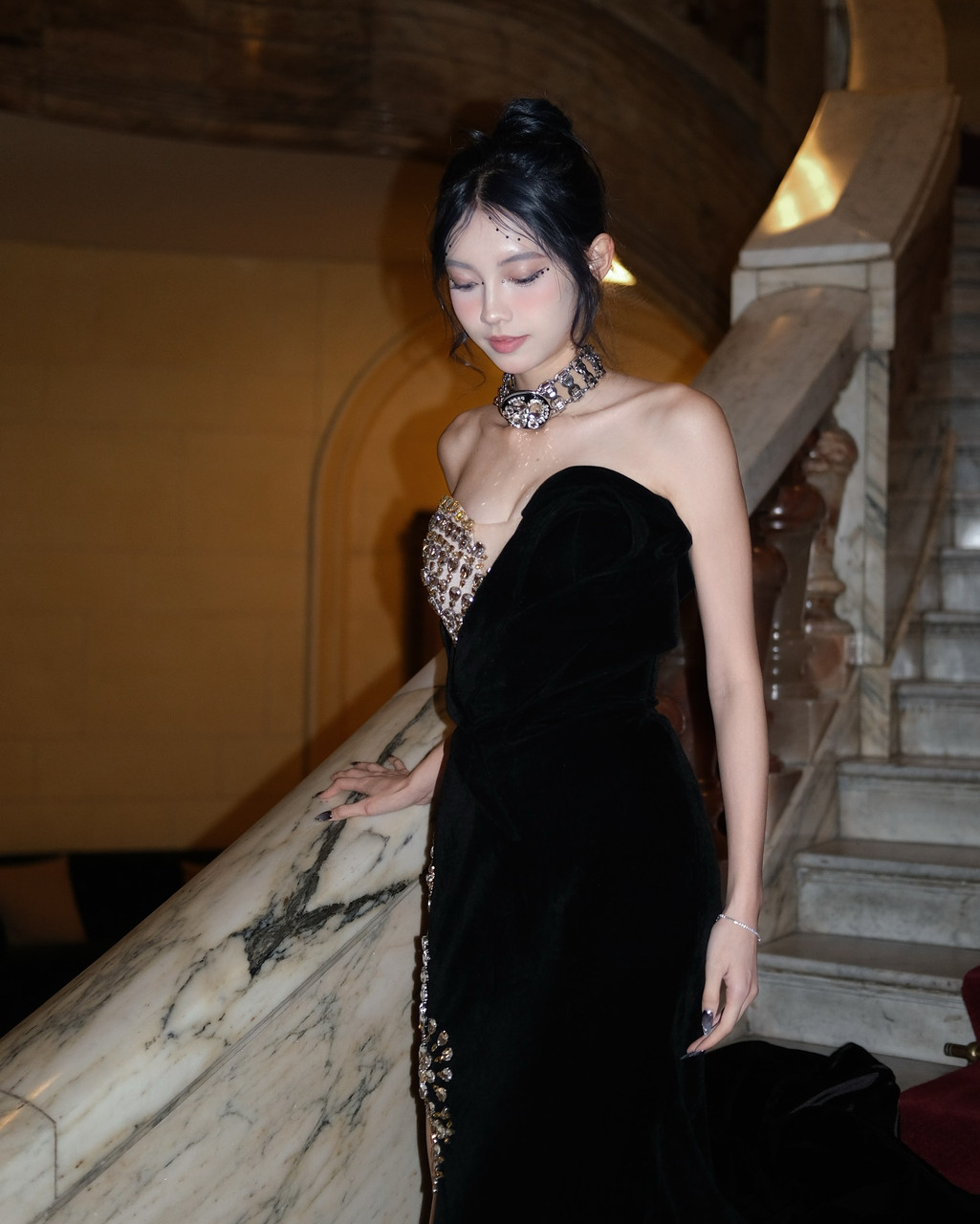 Strapless Crystal Detail Velvet Maxi Dress Black