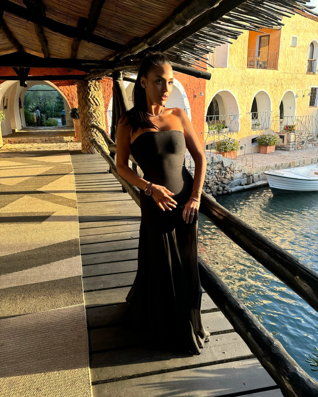 knee length dresses for ladies Marlon Crepe and Mesh Maxi Dress / Black | Meshki main image 1