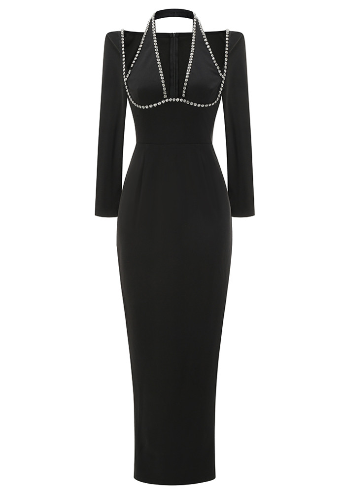 Long Sleeve Halter Crystal Maxi Dress Black Luxe Maxi Dresses