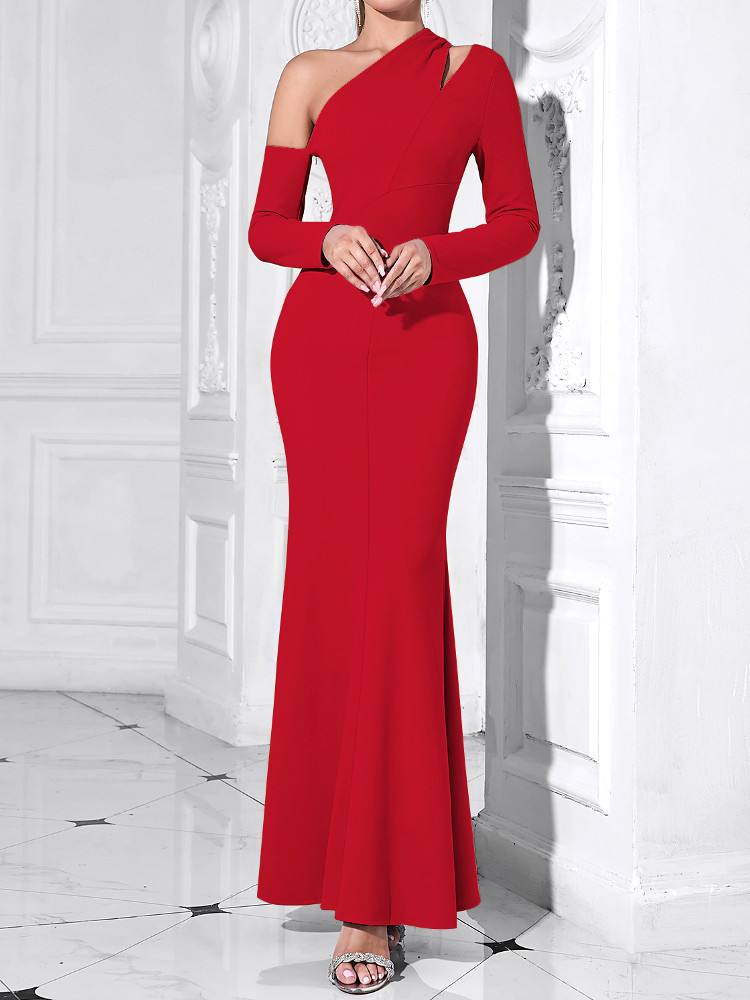 Long Sleeve One Shoulder Maxi Dress Red