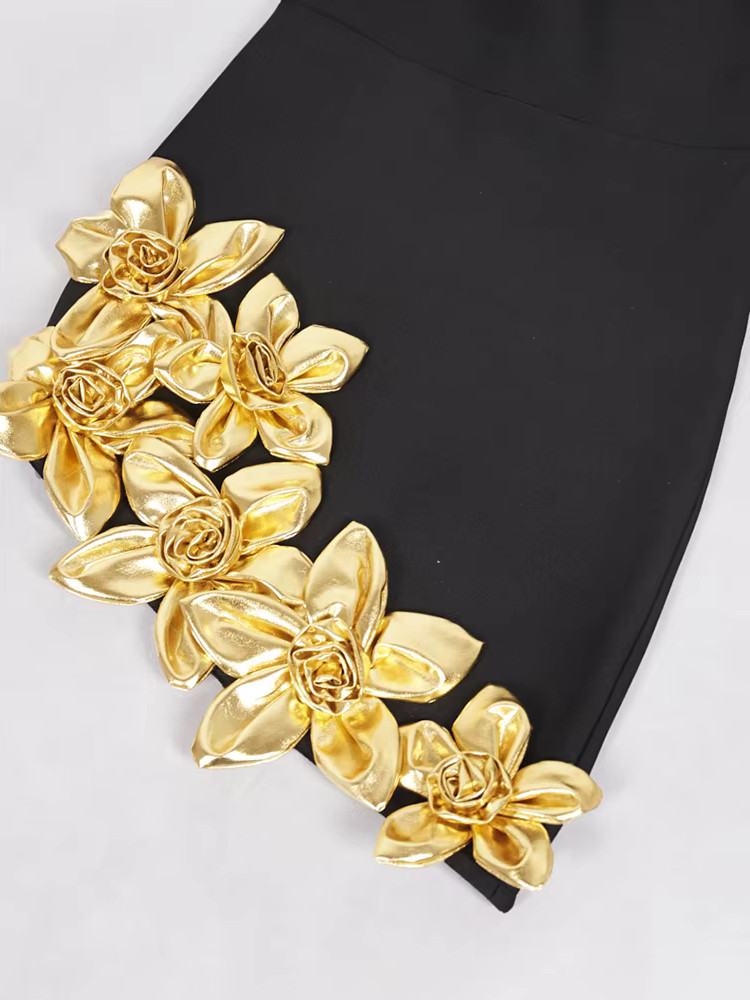 Long Sleeve Floral Hem Dress Black Gold - Luxe Floral Dresses and Luxe  Party Dresses