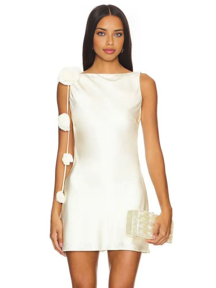 Floral Detail Backless Dress White