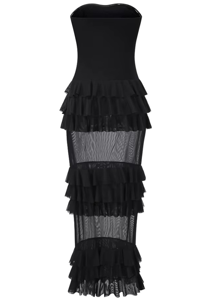 after hours black strapless ruffled maxi dress Ruffle-Trim Strapless Gown in Black - 6