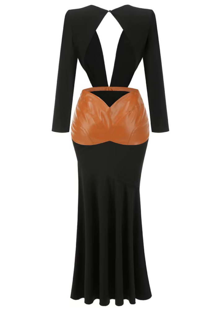 chinese dress ladies End Of Discussion Caramel Brown Faux Leather Belted Maxi Dress main image 1