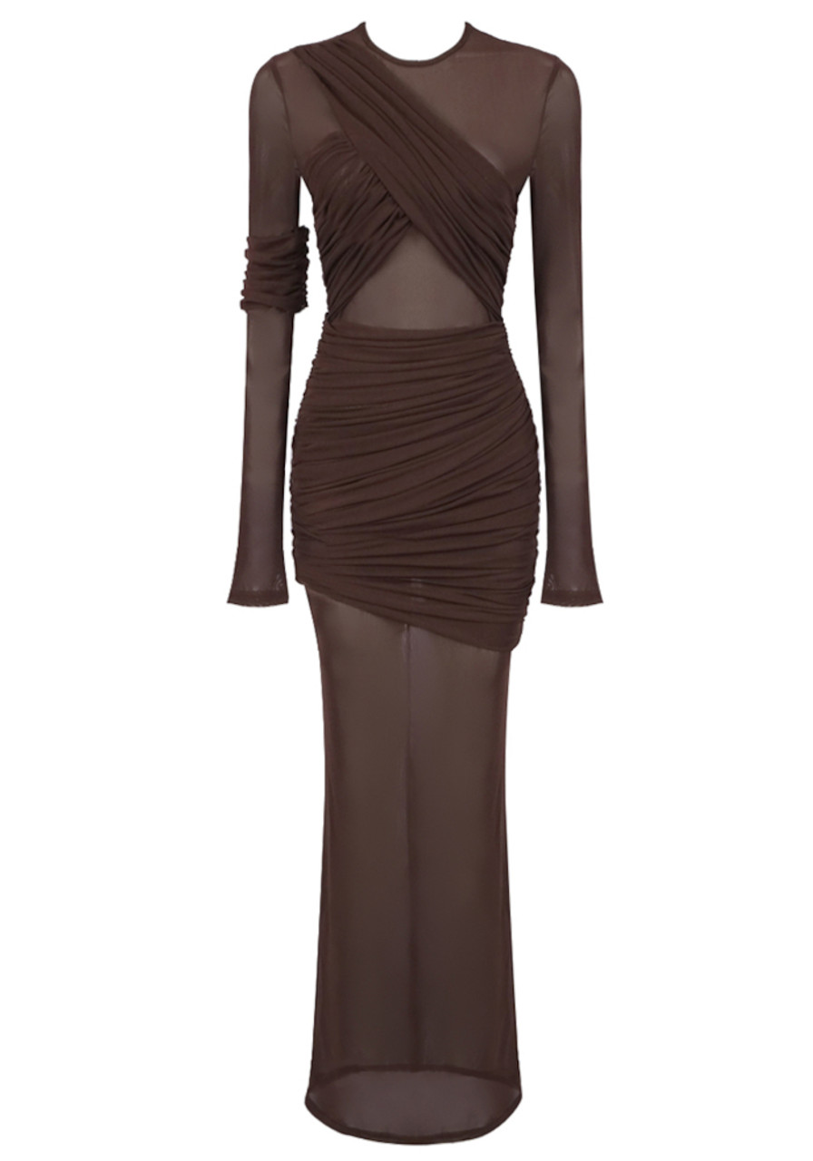 リルアー drape design dress M-Long brown Long Sleeve Mesh Insert Draped Maxi Dress Brown - Luxe Maxi