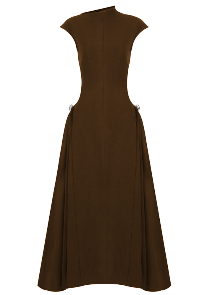 リルアー　drape design dress M-Long brown Azazie Niles Copper A-Line Trains Stretch Satin Dress | Azazie