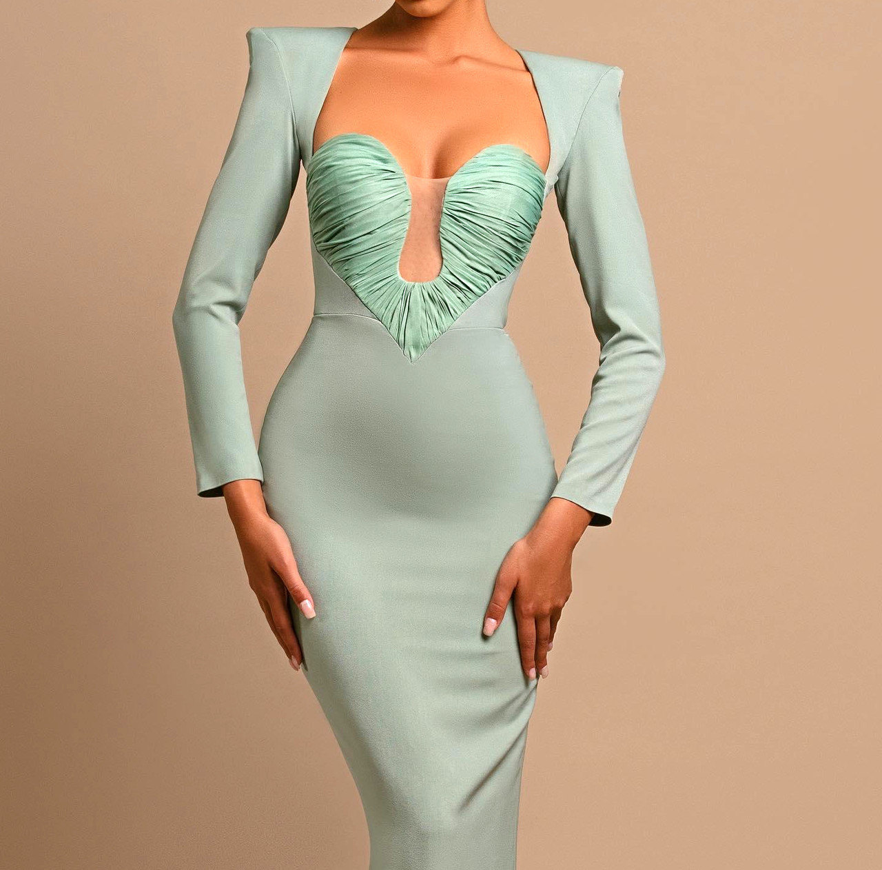 green emerald velvet dress Long Sleeve Long Wedding-Guest Dress 7482 Sage / 2
