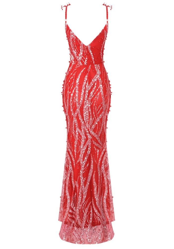 Sequin Maxi Dress Red Silver - Luxe Sequin Dresses and Luxe Party Dresses