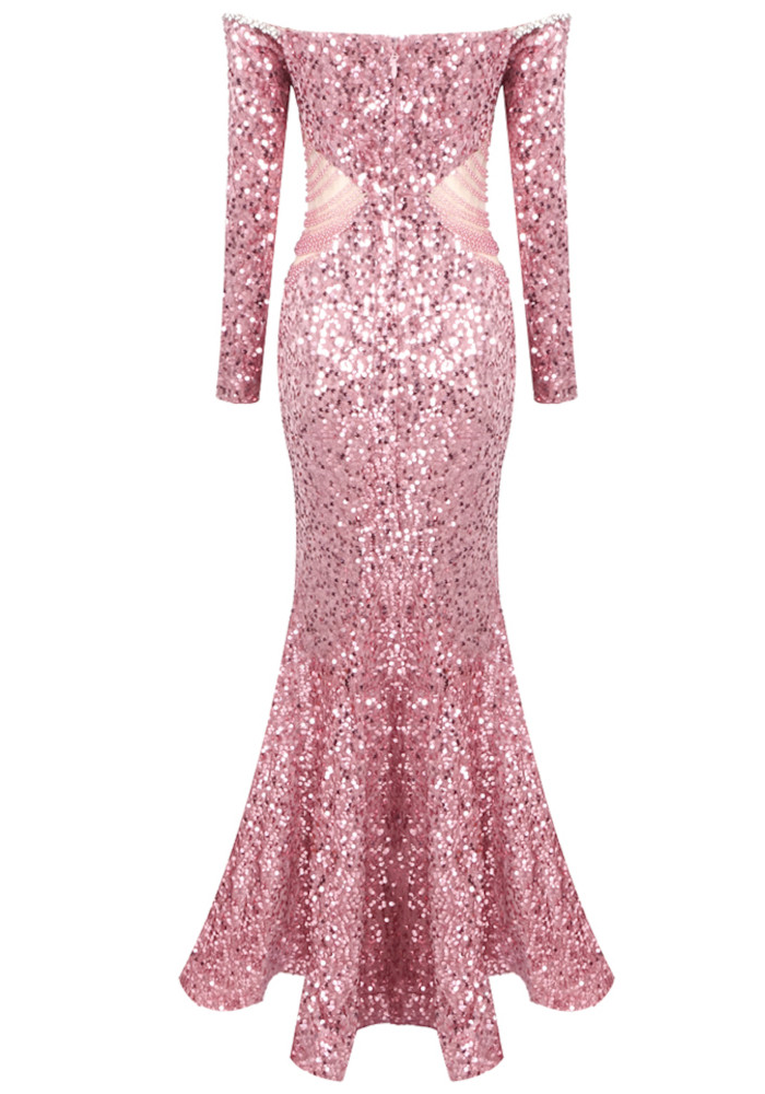 Long Sleeve Bardot Crystal Sequin Maxi Dress Pink
