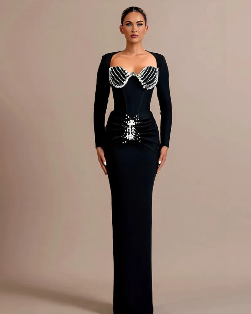 chinese dress ladies Crepe maxi dress with cutouts black 050DX001 – RASARIO main image 0