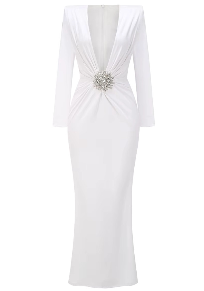 knee length dresses for ladies Cream Satin Long Sleeve Maxi Dress main image 1