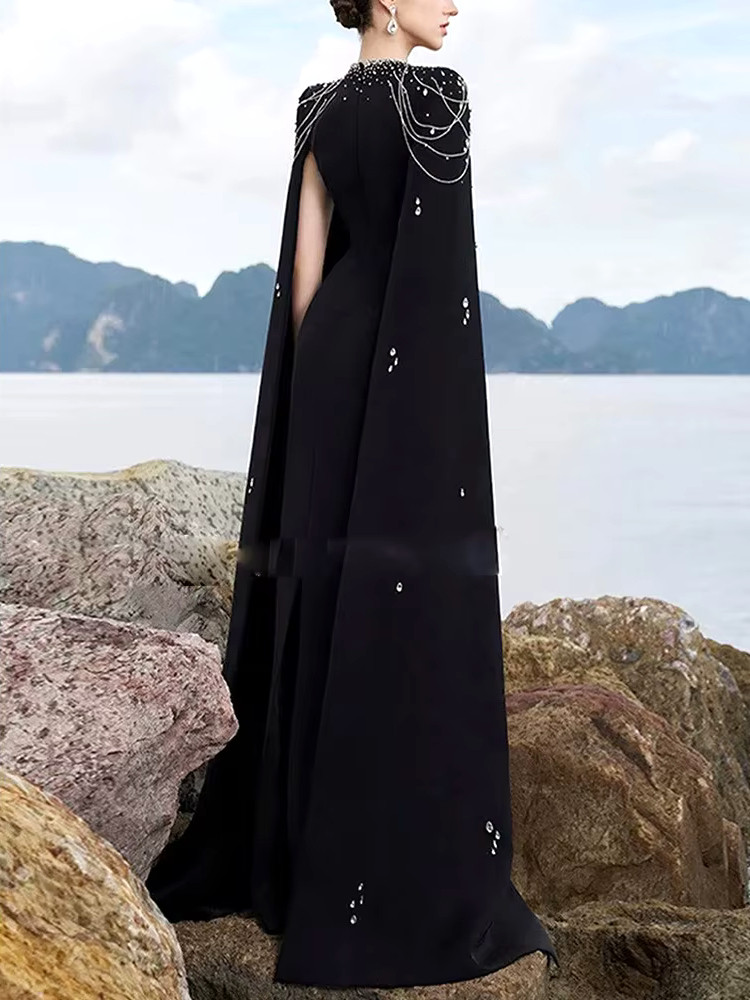 Cape Sleeve Crystal Pearl Maxi Dress Black Luxe Maxi Dresses and