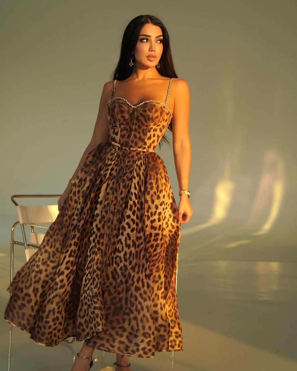 open lace back dress Mela Orange Leopard Crepe Midi Tea Dress – Finery London main image 0