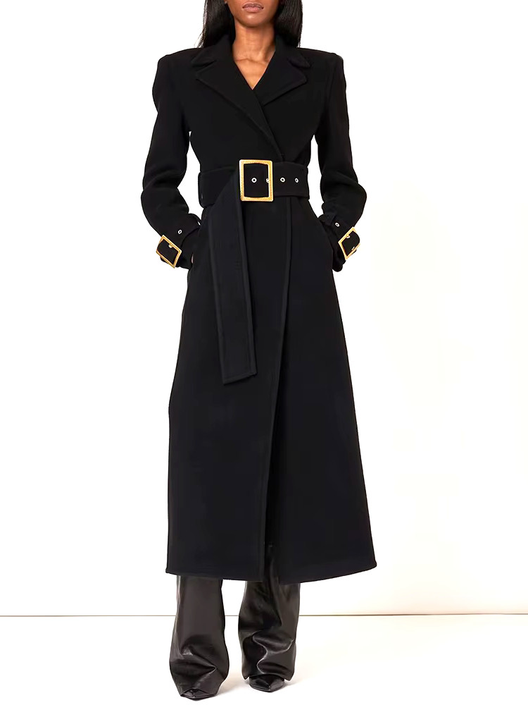 Long Sleeve Buckle Detail Midi Coat Dress Black - Luxe Coat Dresses and  Luxe Party Dresses