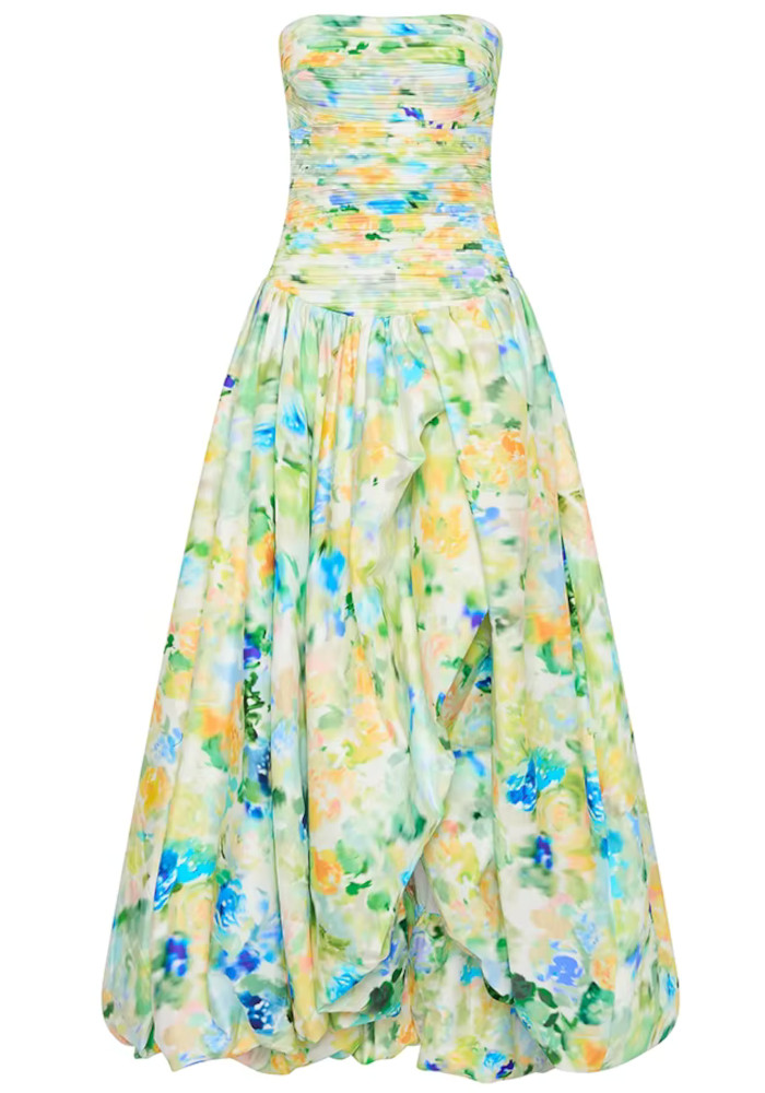 Strapless Ruched Floral Puff Maxi Dress Green - Luxe Maxi Dresses and Luxe  Party Dresses