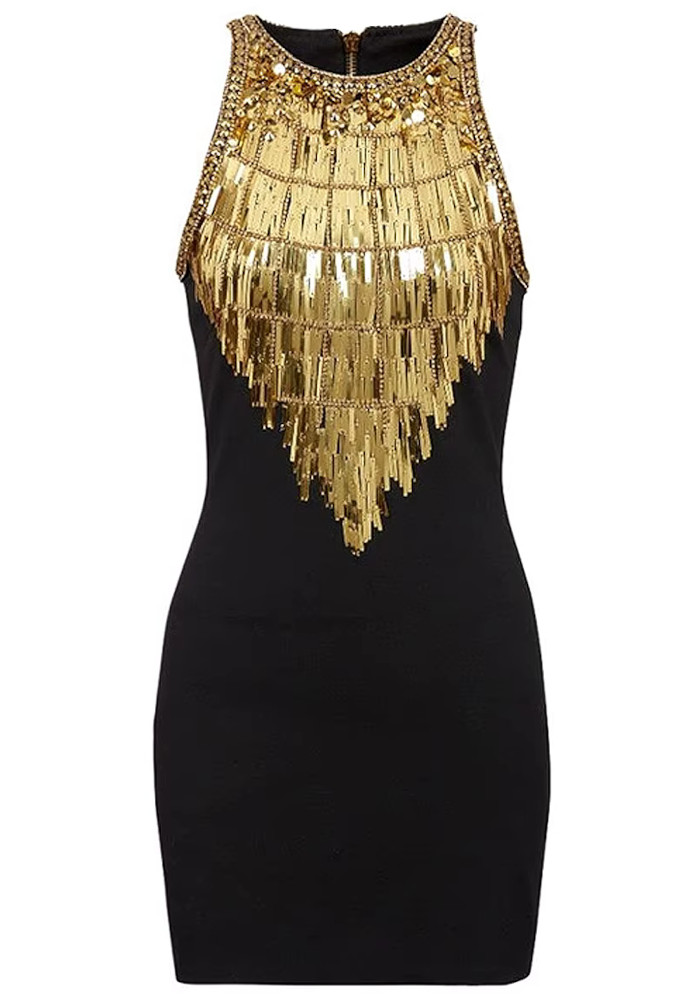 slim fit dress slacks Lyla Drawstring Halterneck Dress | Black & Metallic Gold main image 0