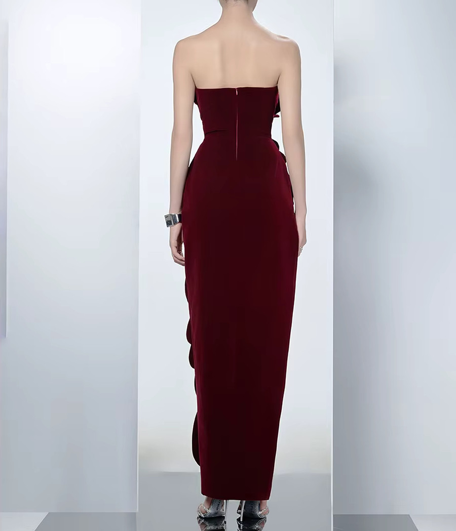 Strapless Leaf Detail Suede Maxi Dress Burgundy - Luxe Maxi Dresses and Luxe Party Dresses Strapless Leaf Detail Suede Maxi Dress Burgundy - Luxe Maxi Dresses and Luxe Party Dresses