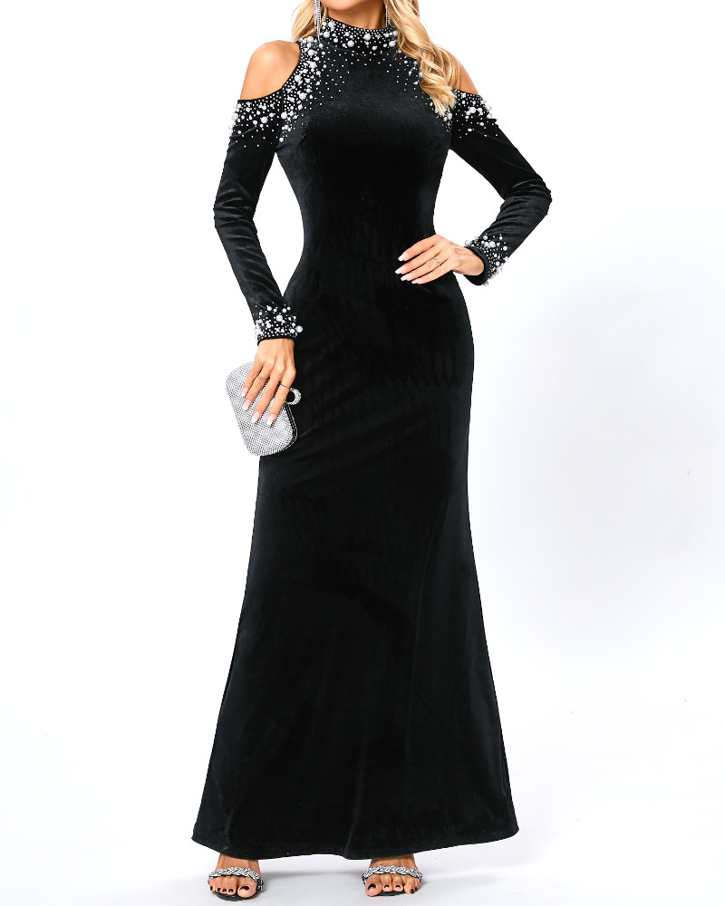 Long Sleeve Pearl Crystal Cold Shoulder Maxi Velvet Dress Black - Luxe Velvet  Dresses and Luxe Party Dresses